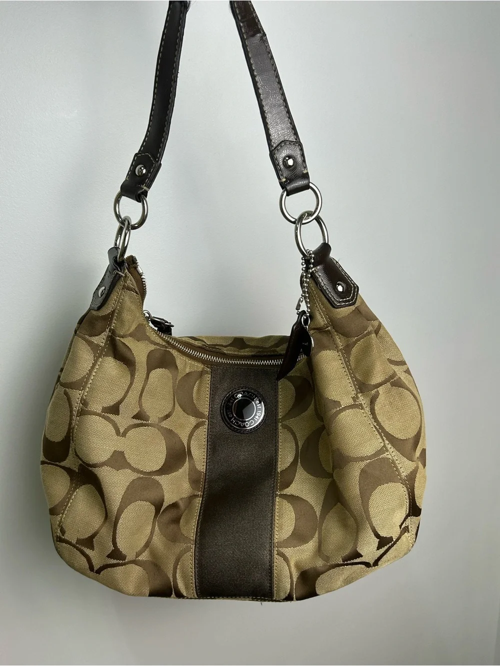 Y2K Coach Monogram Canvas Shoulder Bag in Khaki and Brown Hobo Style